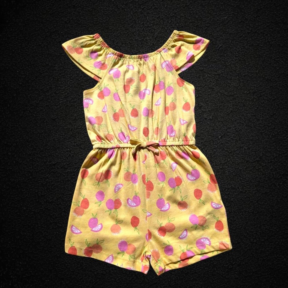 Primark-Girls Yellow Flutter Sleeve Romper with Peach Print-Size 3T 5T